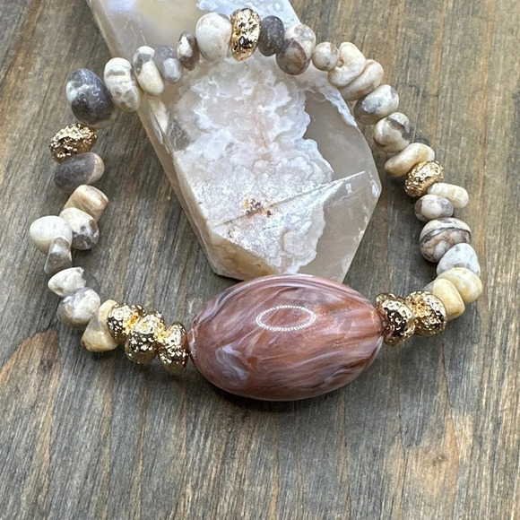 Leopard skin jasper chunky beaded bracelet/handmade/Vintage beads - Picture 1 of 5